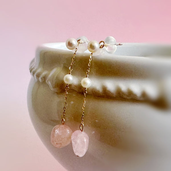 k10/k18 rose quartz  pearl  station charm ピンク　イヤリング