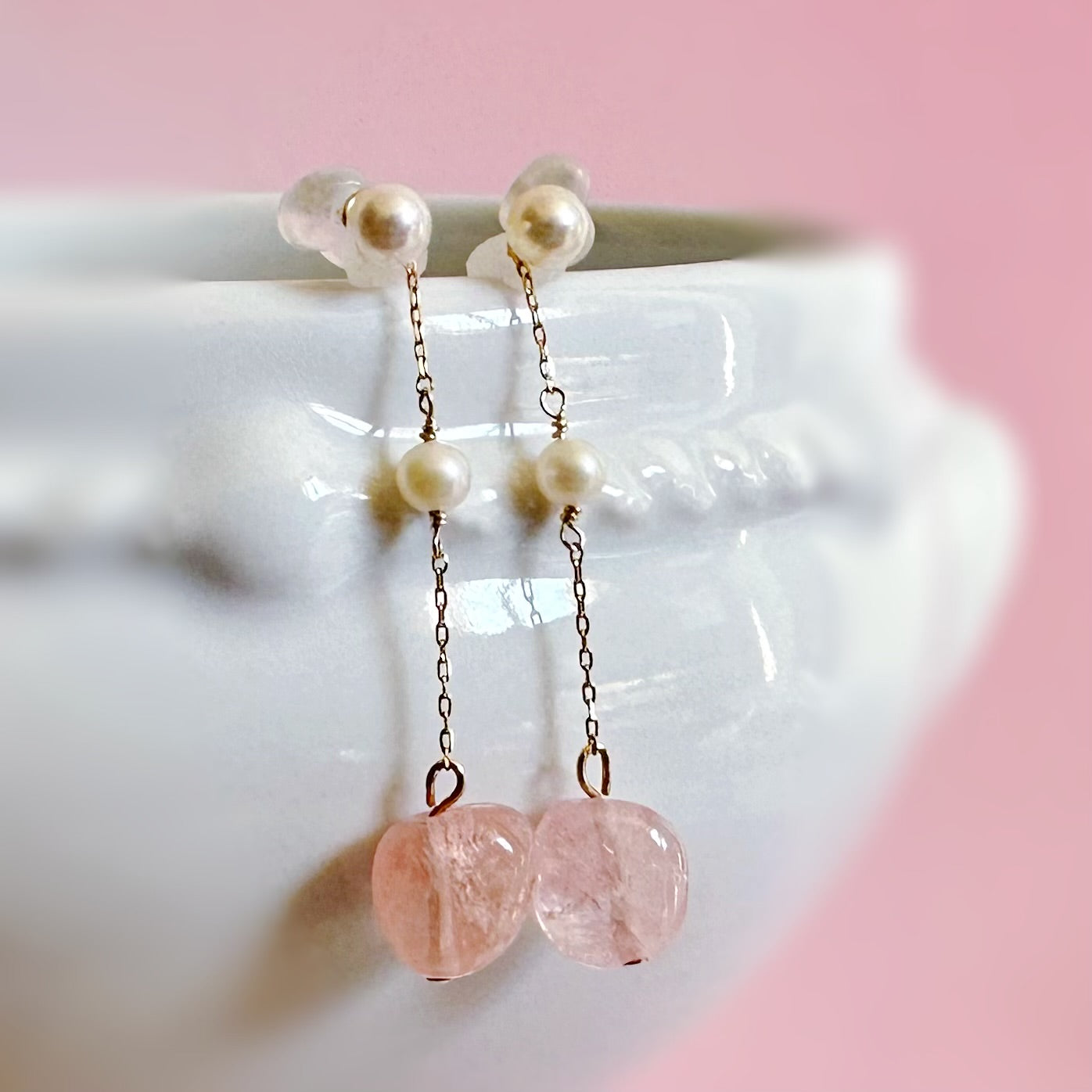 k10/k18 rose quartz  pearl  station charm ピンク　イヤリング