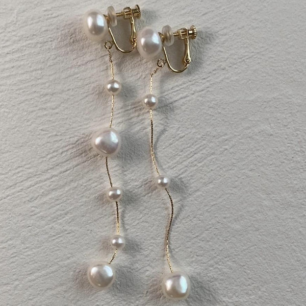 14kgf  fresh water  pearl asymmetry long ピアス　イヤリング - hikari pearl.