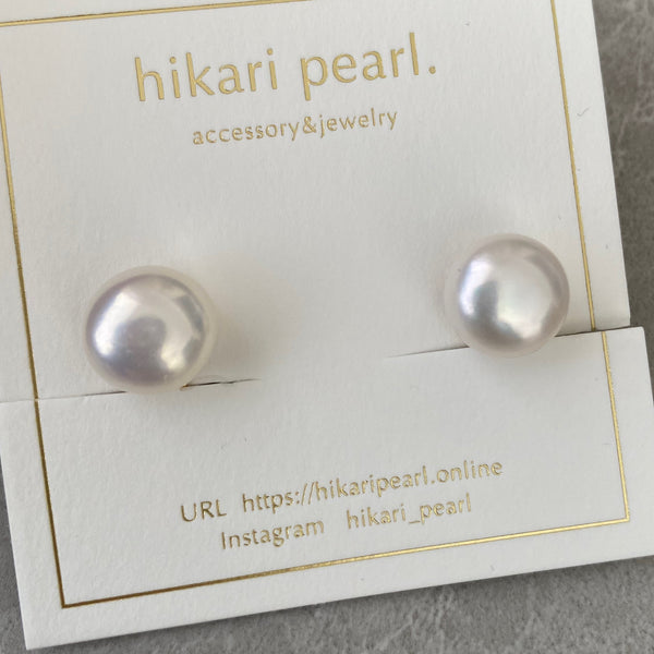 Fresh water button  pearl 11mm イヤリング - hikari pearl.