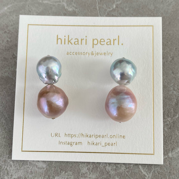 natural blue akoya pink  pearl twin  pearl ピアス　イヤリング - hikari pearl.